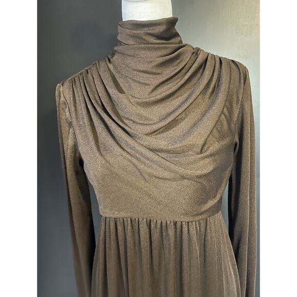 1970s Metallic Bronze Gown w/Draped High Neck/Long Sleeve Maxi–Talon Zipper - Picture 3 of 11